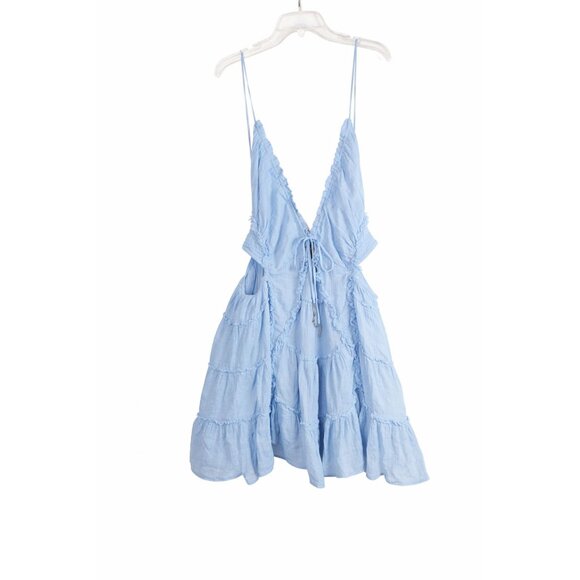 Free People Free-Est Coconico Mini Boho Blue Cutout Dress Sz M - Picture 2 of 8
